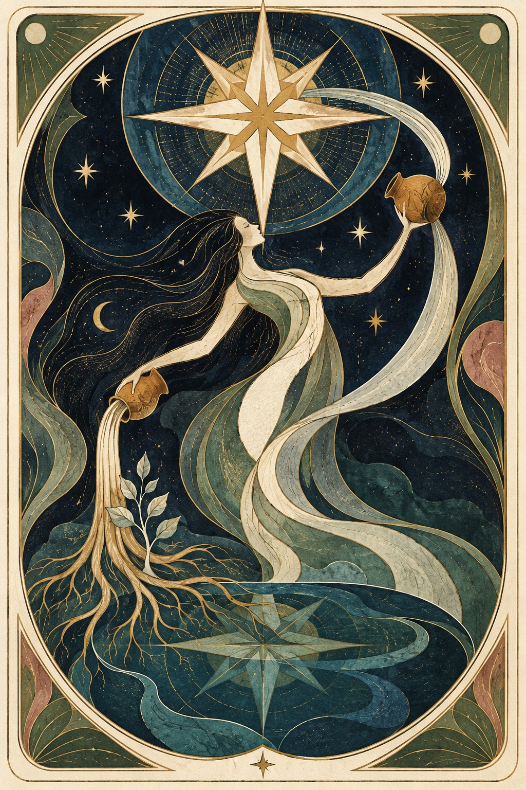 The Star tarot artwork: a figure pours water beneath a golden star.